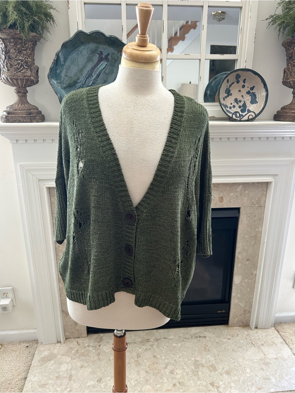 Audrey Ann Olive Green V-Neck Oversized Distressed Button Front Cardigan